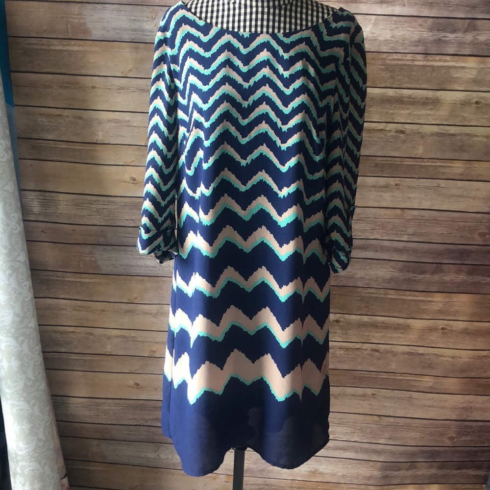LUXOLOGY Shift Dress Navy Blue Teal Chevron Lined
